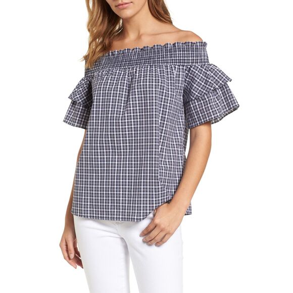 Caslon | Blue Plaid Off the Shoulder Ruffle Sleeve Top | Medium - Picture 1 of 7